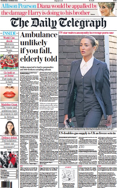 The Daily Telegraph Newspaper Front Page for 7 December 2022