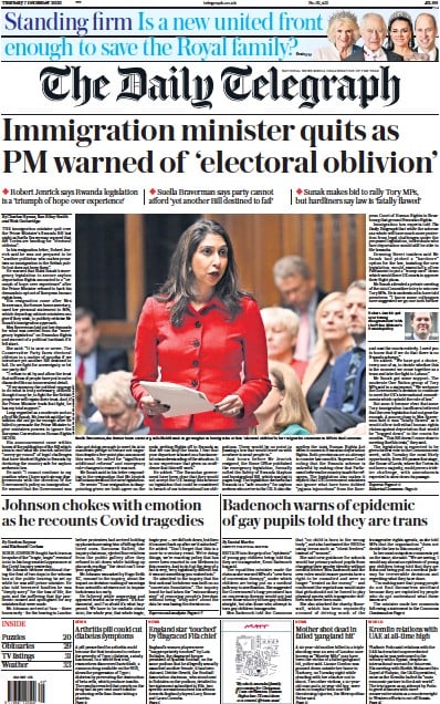 The Daily Telegraph (UK) Newspaper Front Page for 7 December 2023