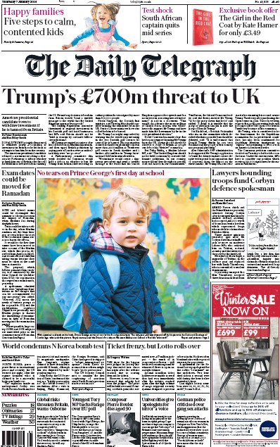 The Daily Telegraph Newspaper Front Page for 7 January 2016