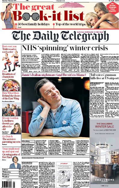 The Daily Telegraph Newspaper Front Page for 7 January 2017