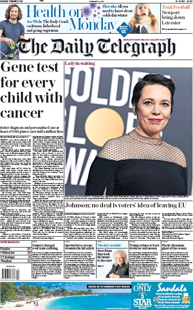 The Daily Telegraph Newspaper Front Page for 7 January 2019