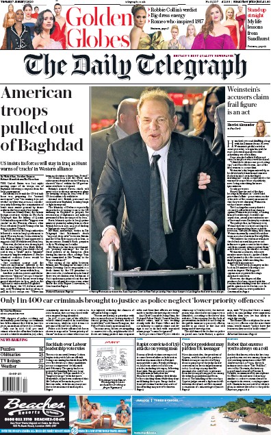 The Daily Telegraph Newspaper Front Page for 7 January 2020