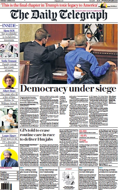 The Daily Telegraph Newspaper Front Page for 7 January 2021