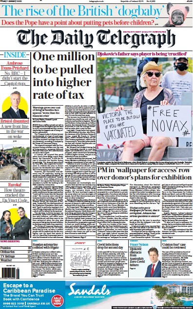 The Daily Telegraph (UK) Newspaper Front Page for 7 January 2022