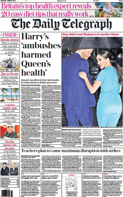The Daily Telegraph (UK) Newspaper Front Page for 7 January 2023