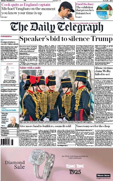 The Daily Telegraph Newspaper Front Page for 7 February 2017