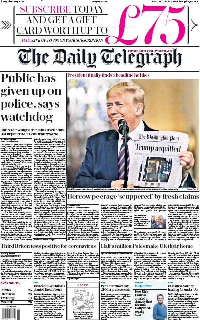 The Daily Telegraph Newspaper Front Page for 7 February 2020