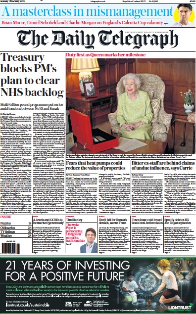 The Daily Telegraph (UK) Newspaper Front Page for 7 February 2022
