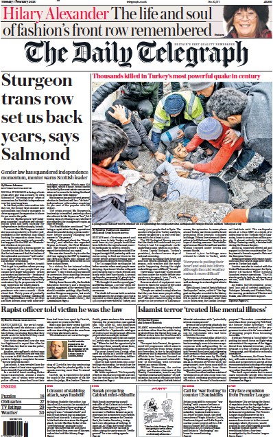 The Daily Telegraph (UK) Newspaper Front Page for 7 February 2023