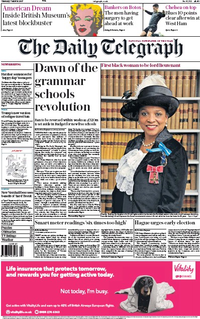 The Daily Telegraph Newspaper Front Page for 7 March 2017