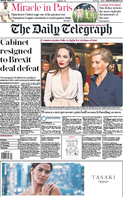 The Daily Telegraph Newspaper Front Page for 7 March 2019