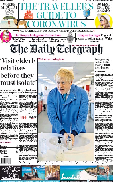 The Daily Telegraph Newspaper Front Page for 7 March 2020