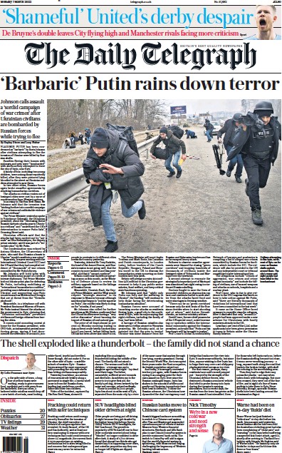 The Daily Telegraph Newspaper Front Page for 7 March 2022