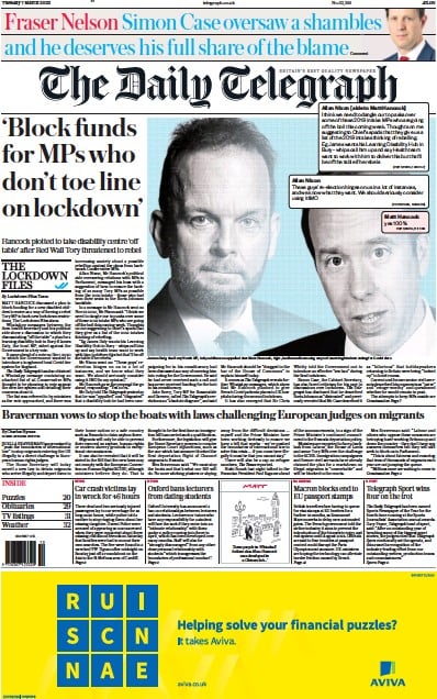 The Daily Telegraph (UK) Newspaper Front Page for 7 March 2023