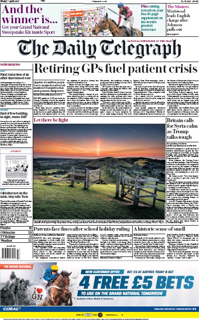 The Daily Telegraph Newspaper Front Page for 7 April 2017
