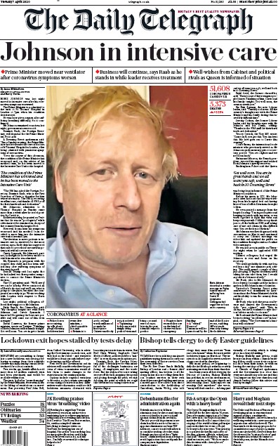 The Daily Telegraph Newspaper Front Page for 7 April 2020