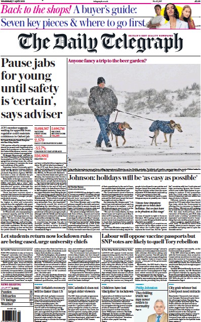 The Daily Telegraph (UK) Newspaper Front Page for 7 April 2021