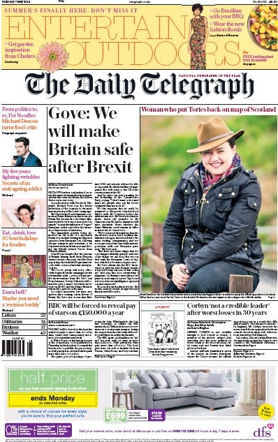 The Daily Telegraph Newspaper Front Page for 7 May 2016