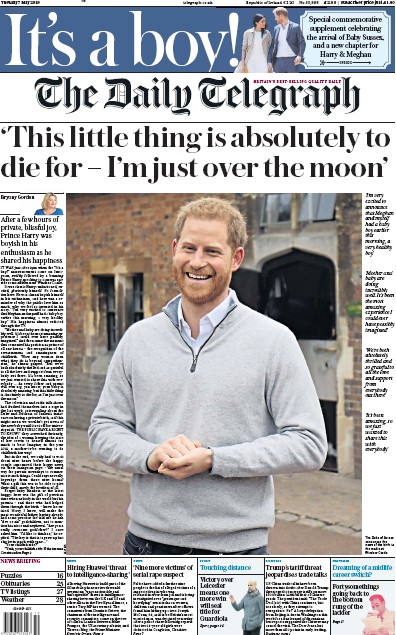The Daily Telegraph Newspaper Front Page for 7 May 2019