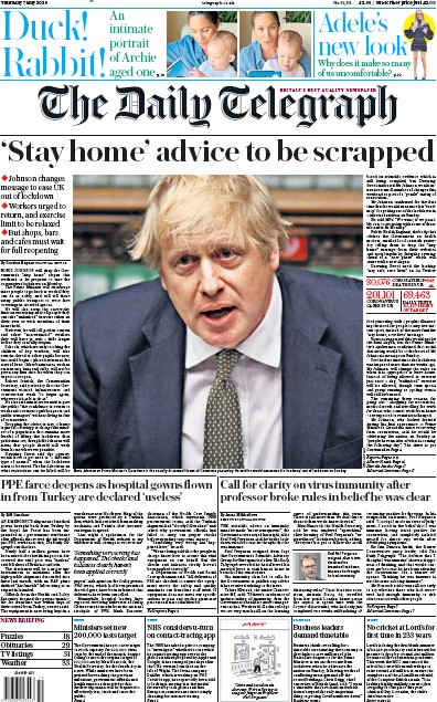 The Daily Telegraph Newspaper Front Page for 7 May 2020