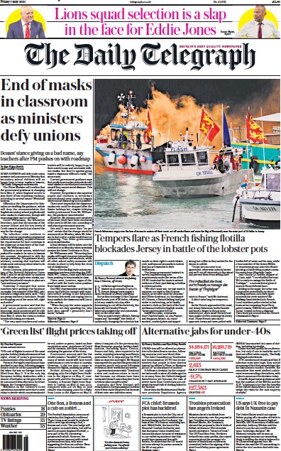 The Daily Telegraph (UK) Newspaper Front Page for 7 May 2021