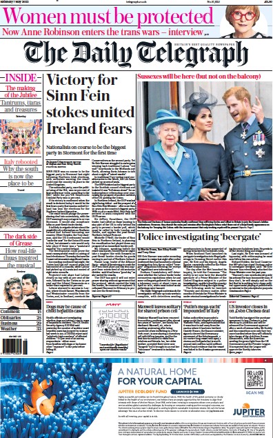 The Daily Telegraph (UK) Newspaper Front Page for 7 May 2022