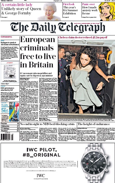 The Daily Telegraph Newspaper Front Page for 7 June 2016