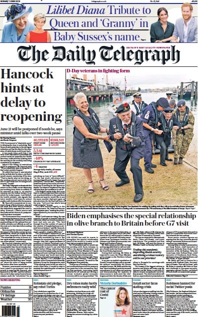 The Daily Telegraph (UK) Newspaper Front Page for 7 June 2021