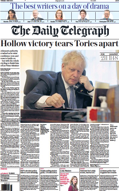 The Daily Telegraph (UK) Newspaper Front Page for 7 June 2022