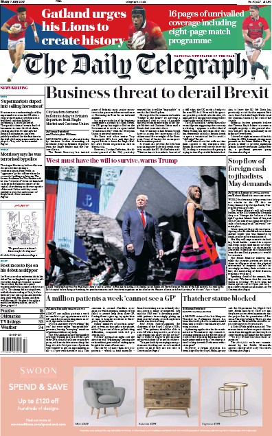 The Daily Telegraph Newspaper Front Page for 7 July 2017