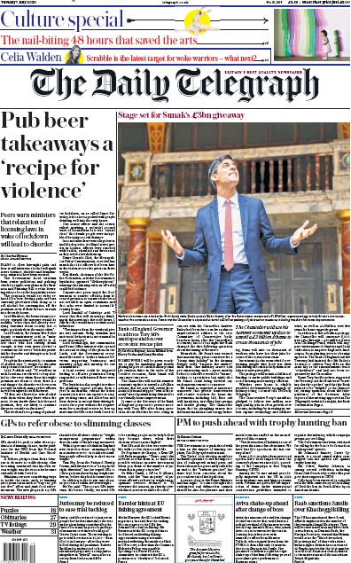 The Daily Telegraph Newspaper Front Page for 7 July 2020