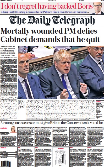 The Daily Telegraph (UK) Newspaper Front Page for 7 July 2022