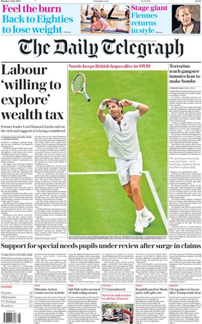 The Daily Telegraph (UK) Newspaper Front Page for 7 July 2025