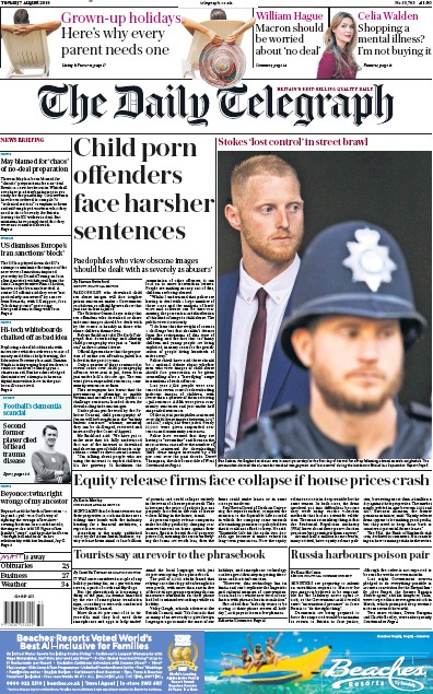 The Daily Telegraph Newspaper Front Page for 7 August 2018