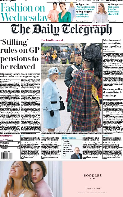 The Daily Telegraph Newspaper Front Page for 7 August 2019