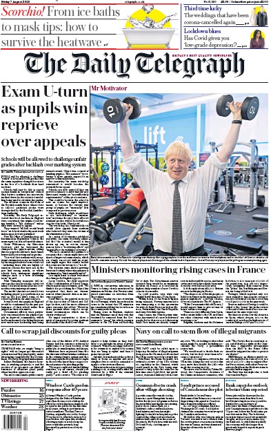 The Daily Telegraph Newspaper Front Page for 7 August 2020