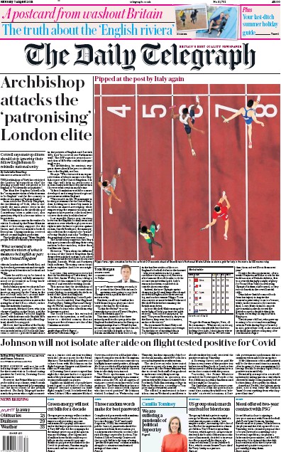 The Daily Telegraph (UK) Newspaper Front Page for 7 August 2021