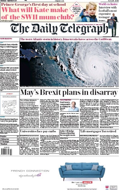 The Daily Telegraph Newspaper Front Page for 7 September 2017
