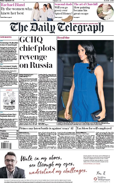 The Daily Telegraph Newspaper Front Page for 7 September 2018