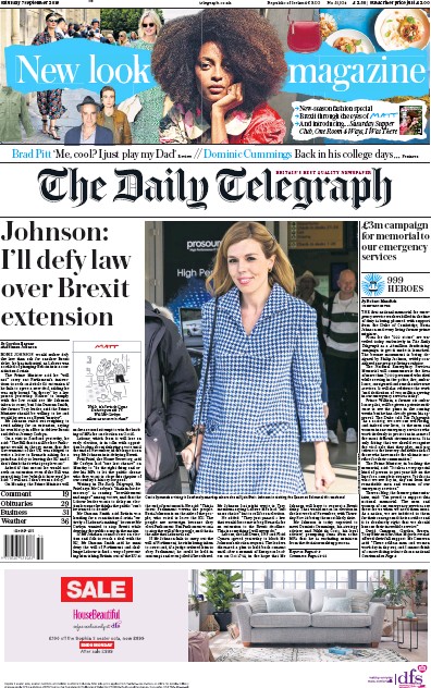 The Daily Telegraph Newspaper Front Page for 7 September 2019