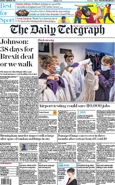 The Daily Telegraph Newspaper Front Page for 7 September 2020