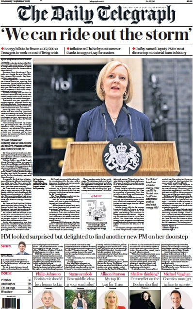 The Daily Telegraph (UK) Newspaper Front Page for 7 September 2022