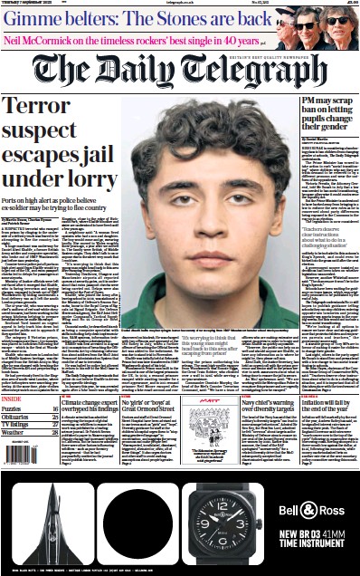 The Daily Telegraph (UK) Newspaper Front Page for 7 September 2023