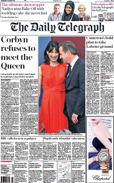 The Daily Telegraph Newspaper Front Page for 8 October 2015