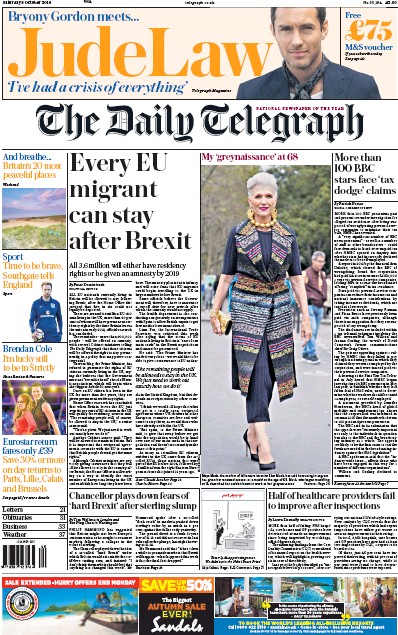 The Daily Telegraph Newspaper Front Page for 8 October 2016