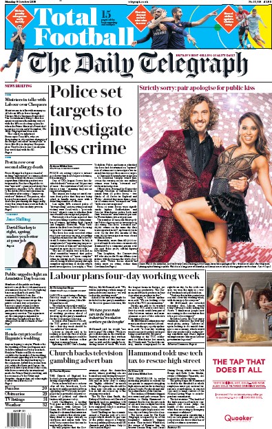 The Daily Telegraph Newspaper Front Page for 8 October 2018