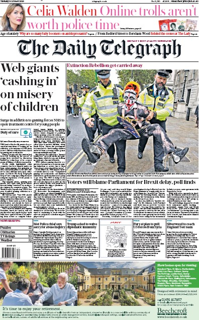 The Daily Telegraph Newspaper Front Page for 8 October 2019