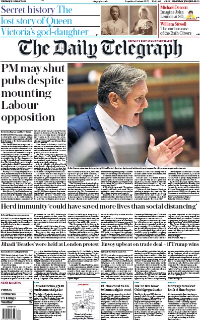 The Daily Telegraph Newspaper Front Page for 8 October 2020