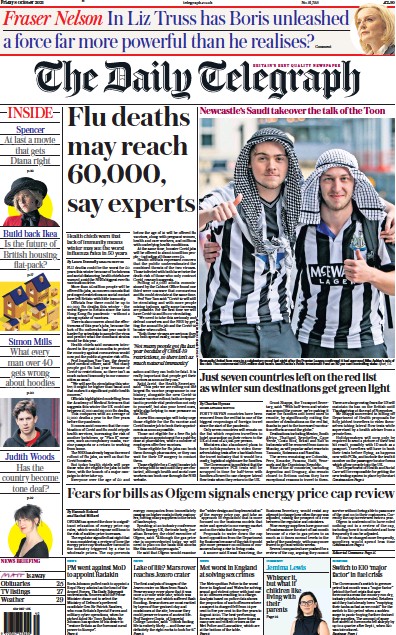 The Daily Telegraph (UK) Newspaper Front Page for 8 October 2021