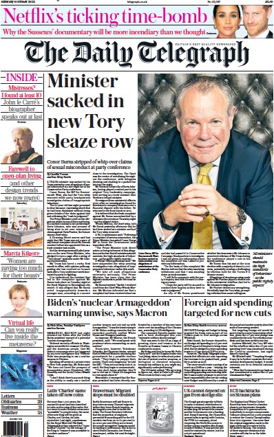 The Daily Telegraph Newspaper Front Page for 8 October 2022